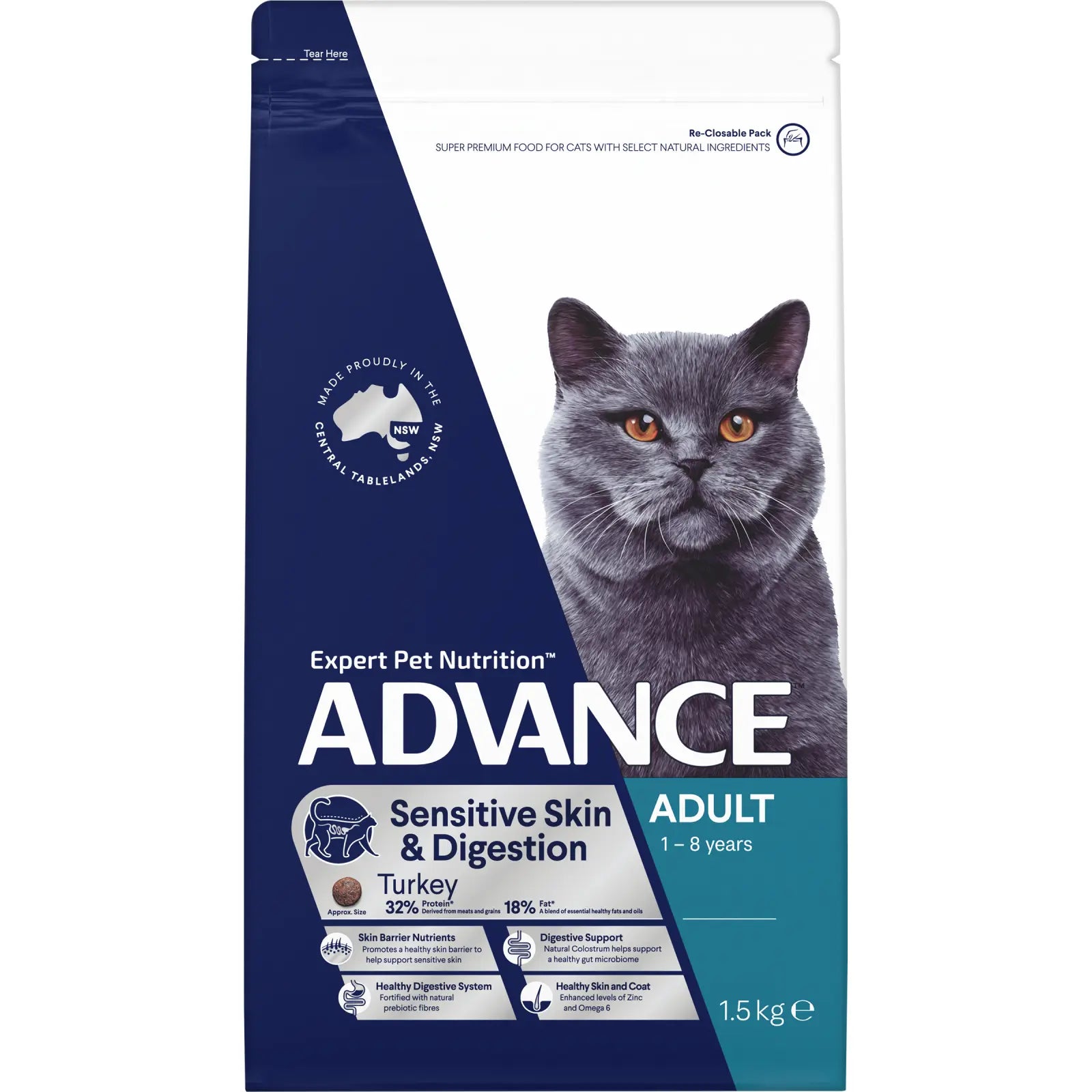 Advance Dry Cat Adult Sensitive Skin and Digestion Turkey 1.5kg