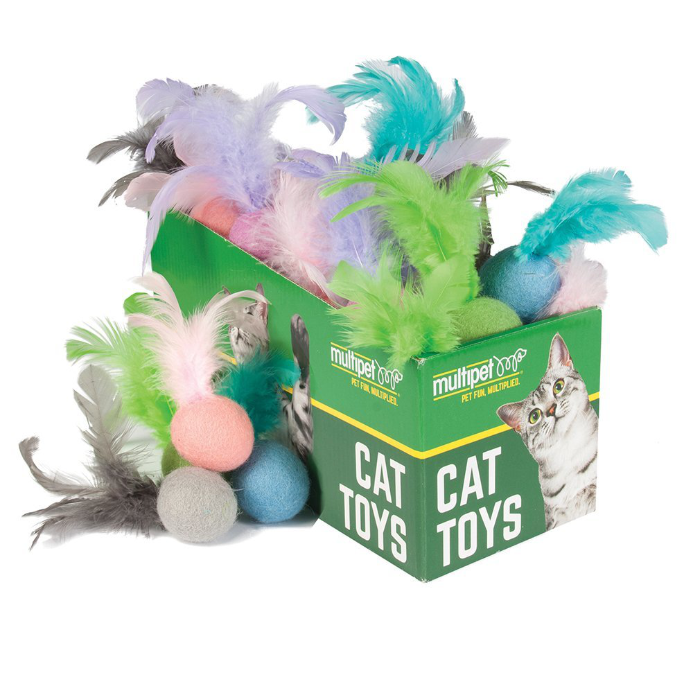 Multipet Felt Ball W/feather Cat Toy Asstd. Colours