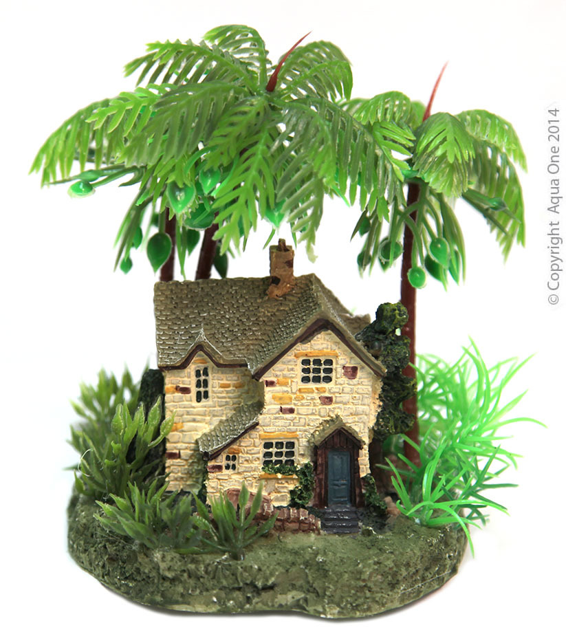 Ornament Cottage With Palm Trees On Rock 10x10x15cm