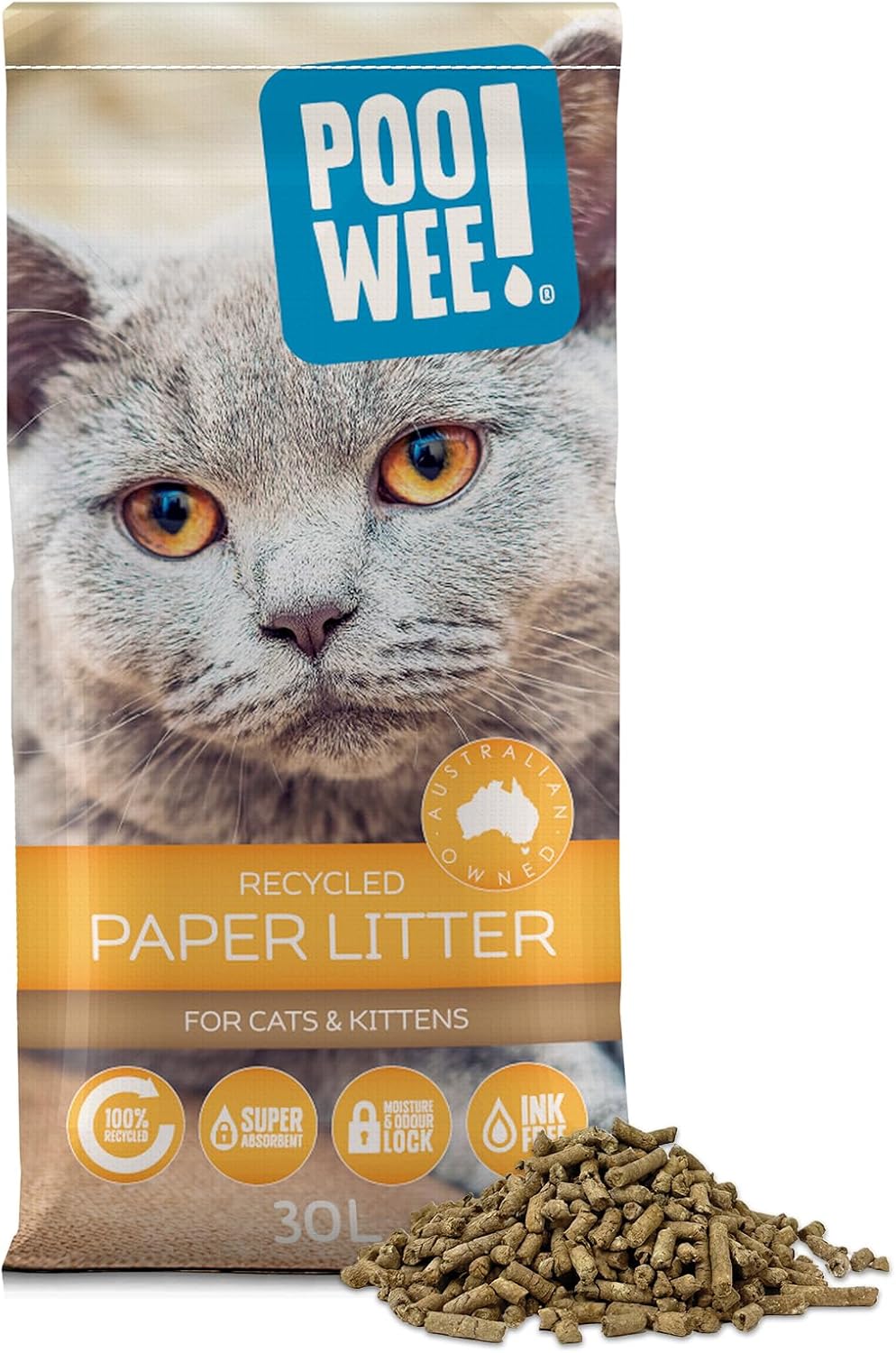 Poowee Recycled Paper Ink Free Litter 30l