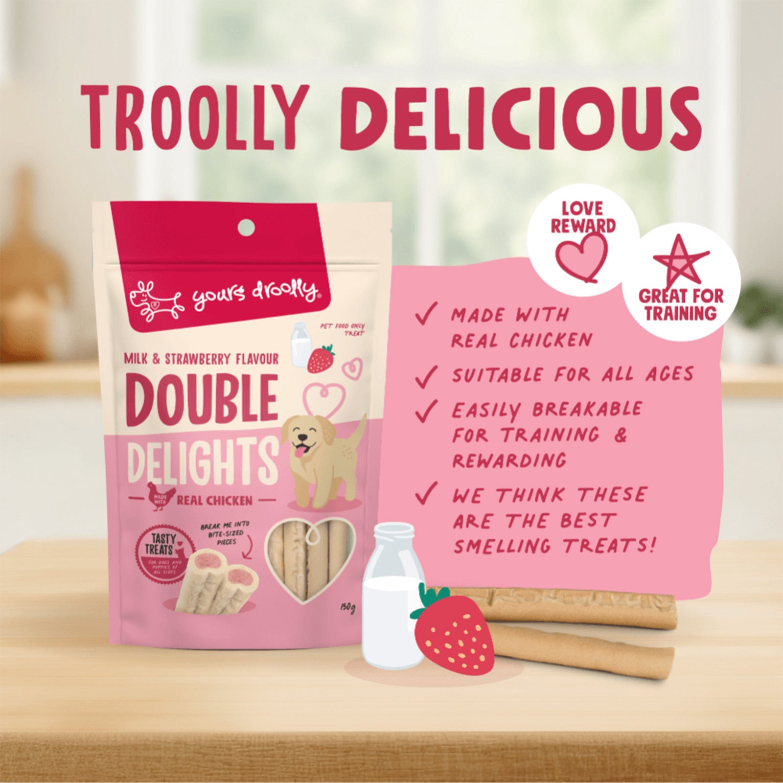 Yours Droolly Double Delights Milk And Strawberry Treat For Dogs 150g