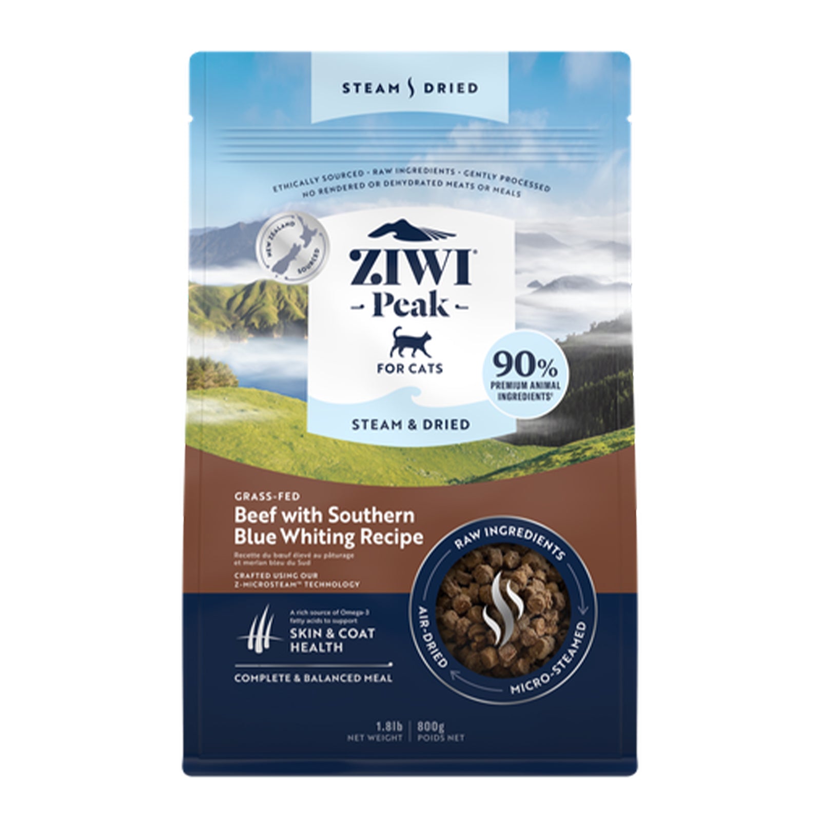 Ziwi Peak Steam Dried Cat Food 800g Beef with Southern Blue Whiting