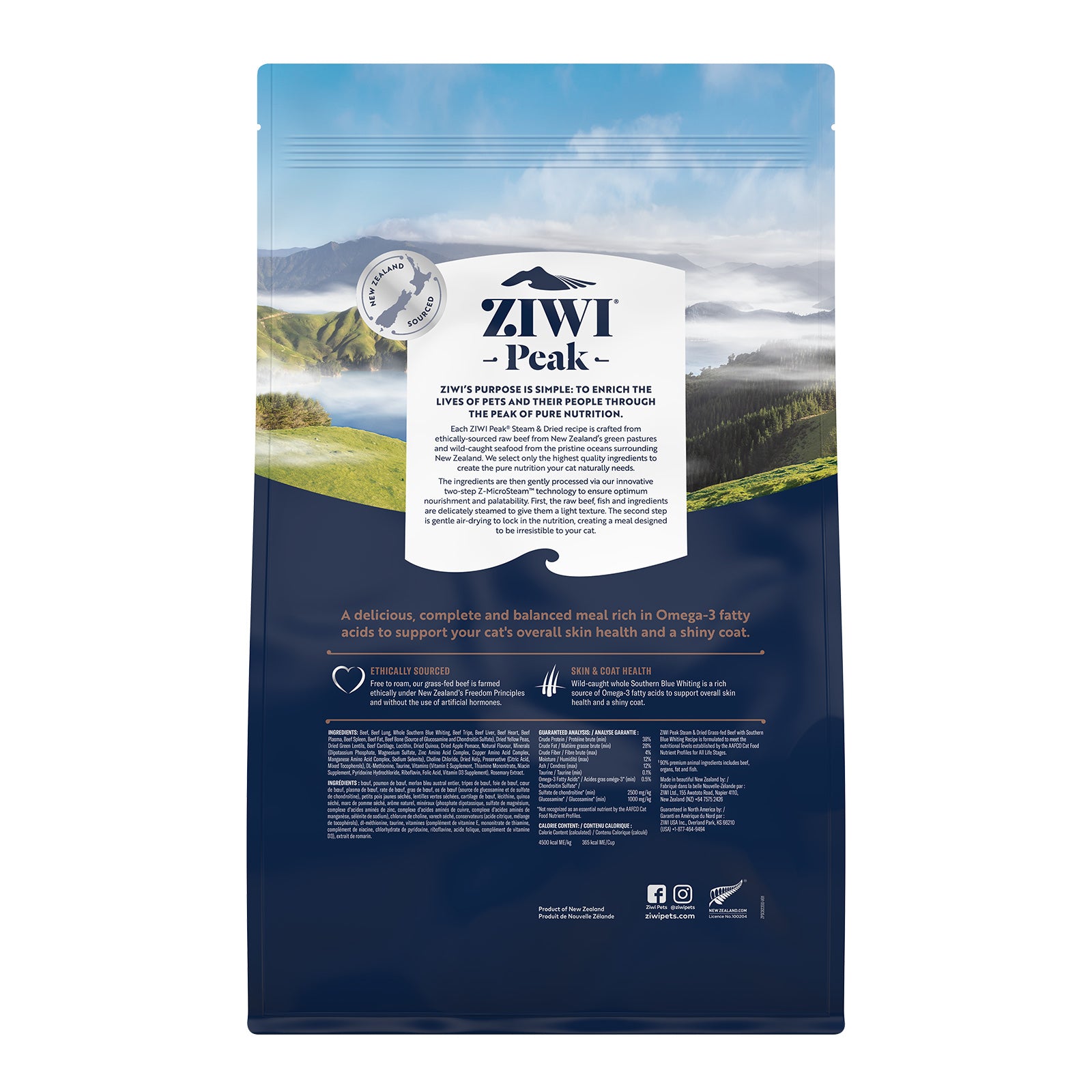 Ziwi Peak Steam Dried Cat Food 800g Beef with Southern Blue Whiting