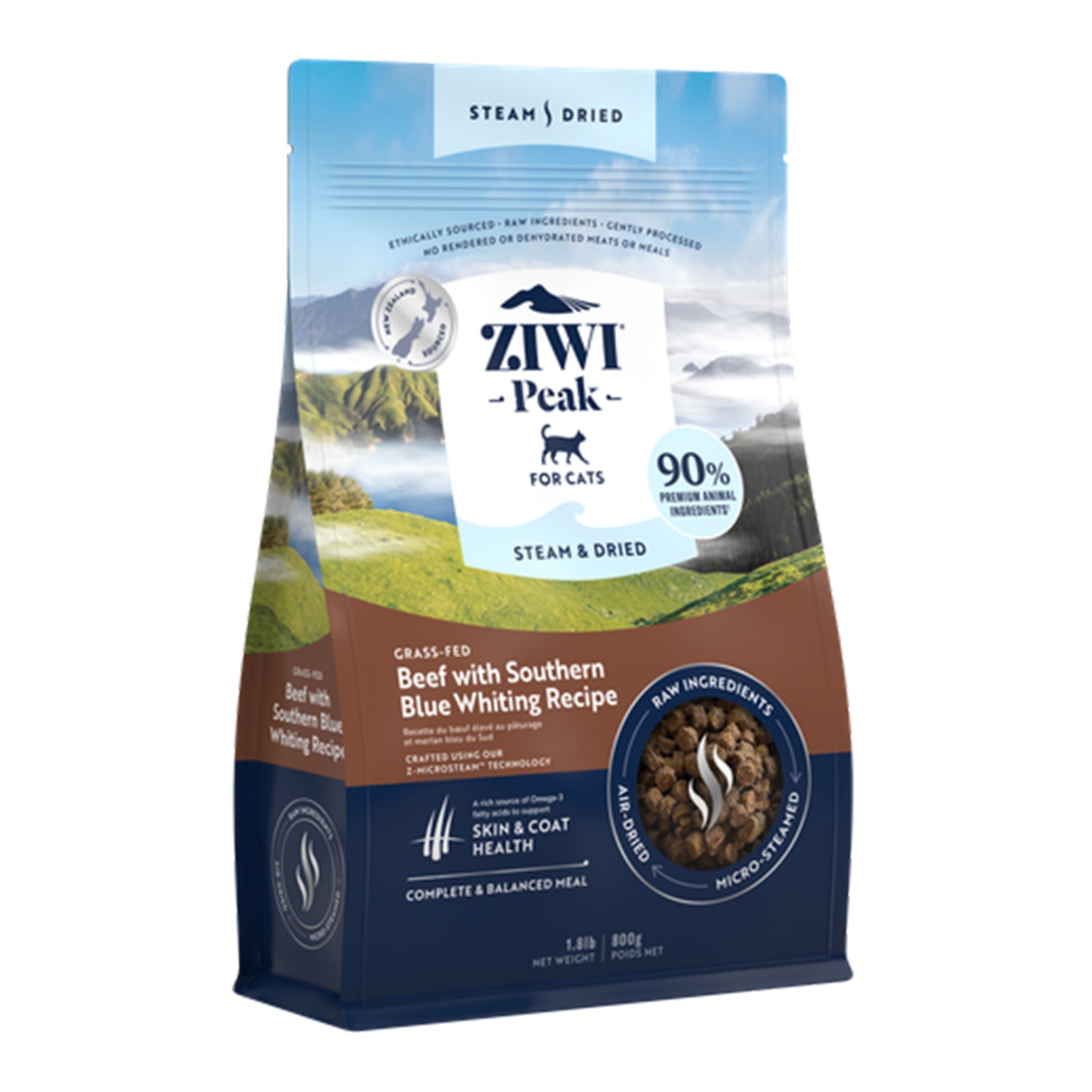 Ziwi Peak Steam Dried Cat Food 800g Beef with Southern Blue Whiting